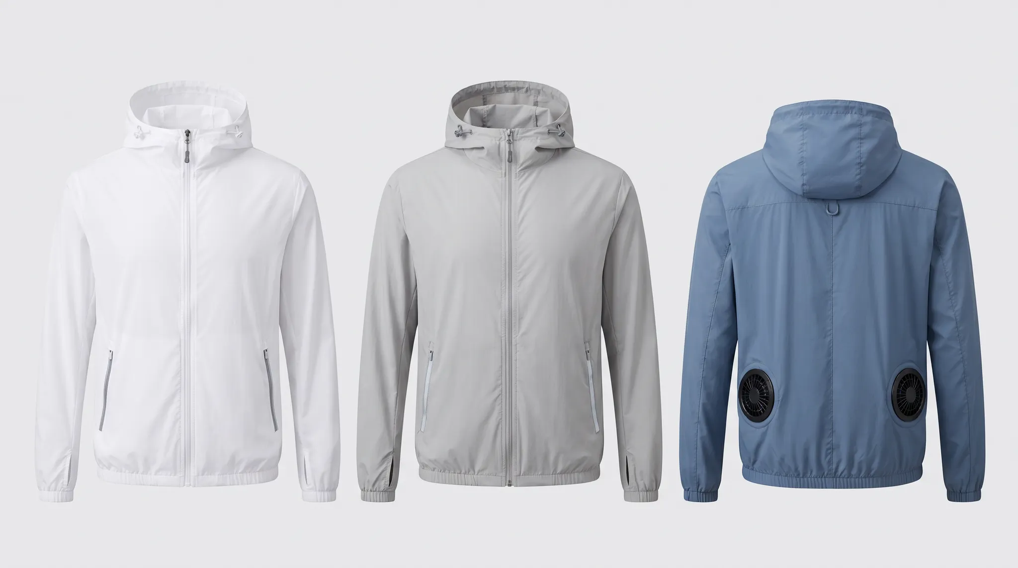 Full-sleeve cooling jackets in white, gray, and blue with twin integrated fans