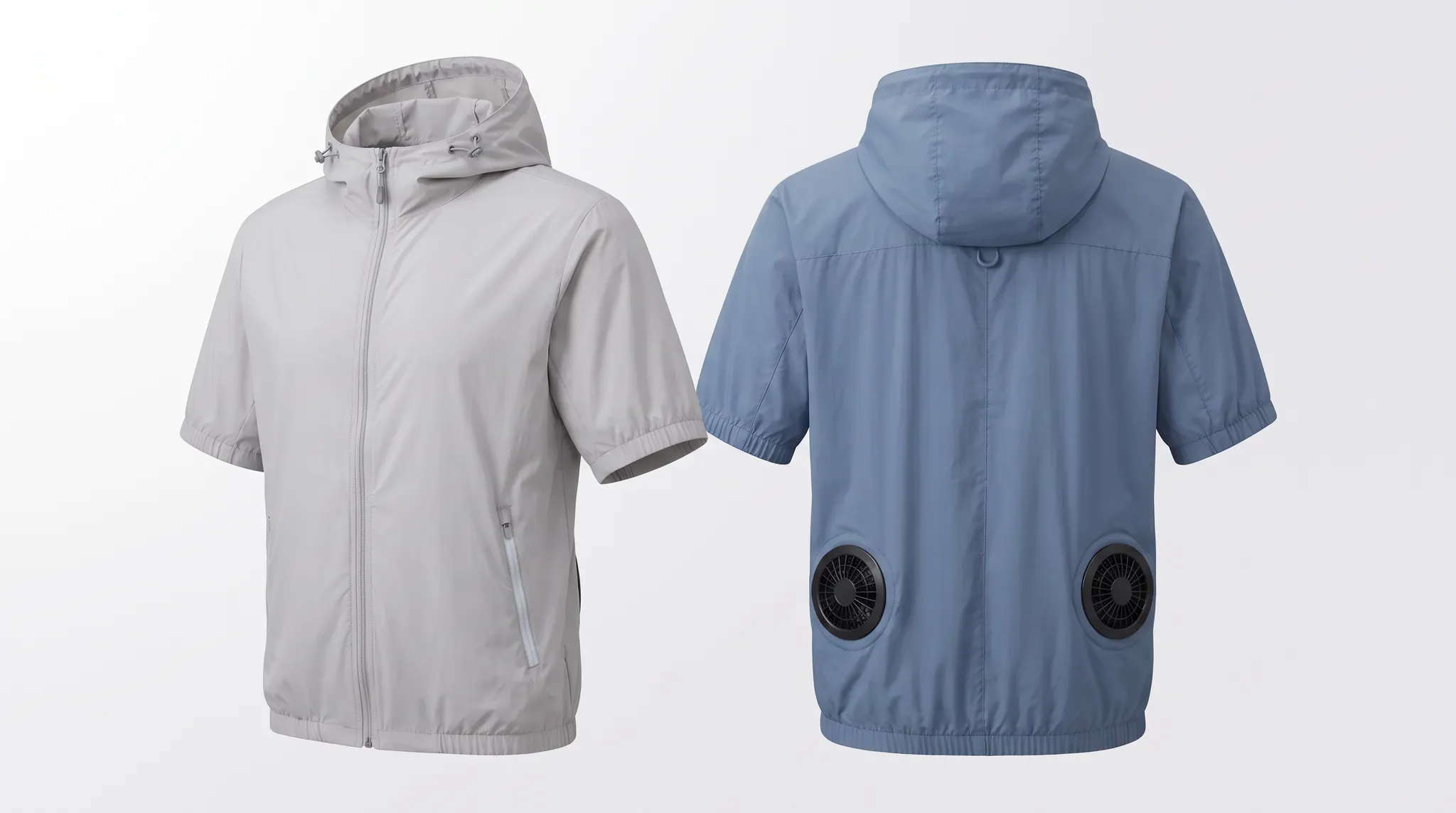 Short-sleeve cooling jacket rear view showing twin lower-back fans